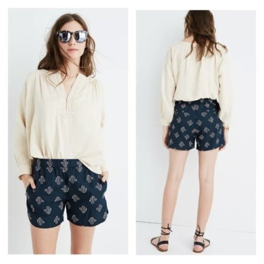 Madewell Pull-On Drapey Navy Ivy Flowerstamp Elastic Waist Pockets Small Shorts
